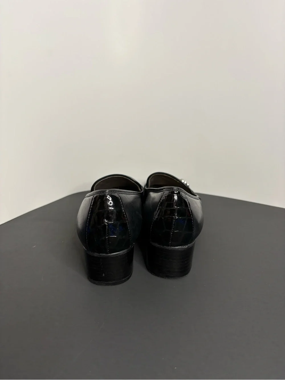 Brighton Black Leather Croc Embossed Loafer Pumps Silver Buckle